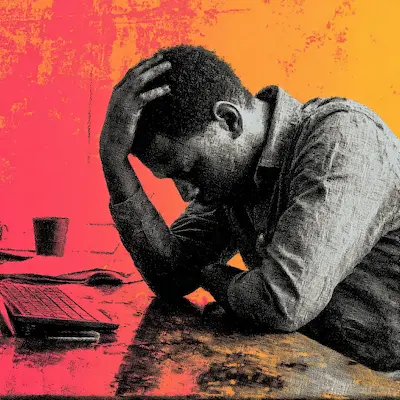 Man slumped over an office desk, with his hand on his head
